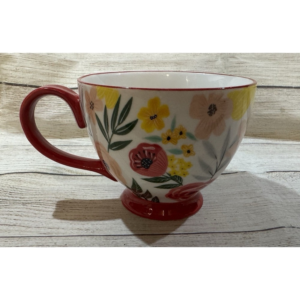 Handpainted Potter's Studio Footed Floral Coffee Mug Red Pink Flowers - Picture 2 of 7